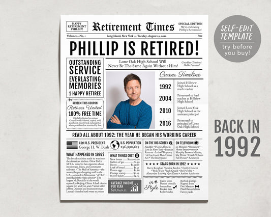 Personalized Retirement Gift for Men or Women, Editable Retirement Celebration Welcome Sign, Unique Party Decoration, Newspaper Back in 1992