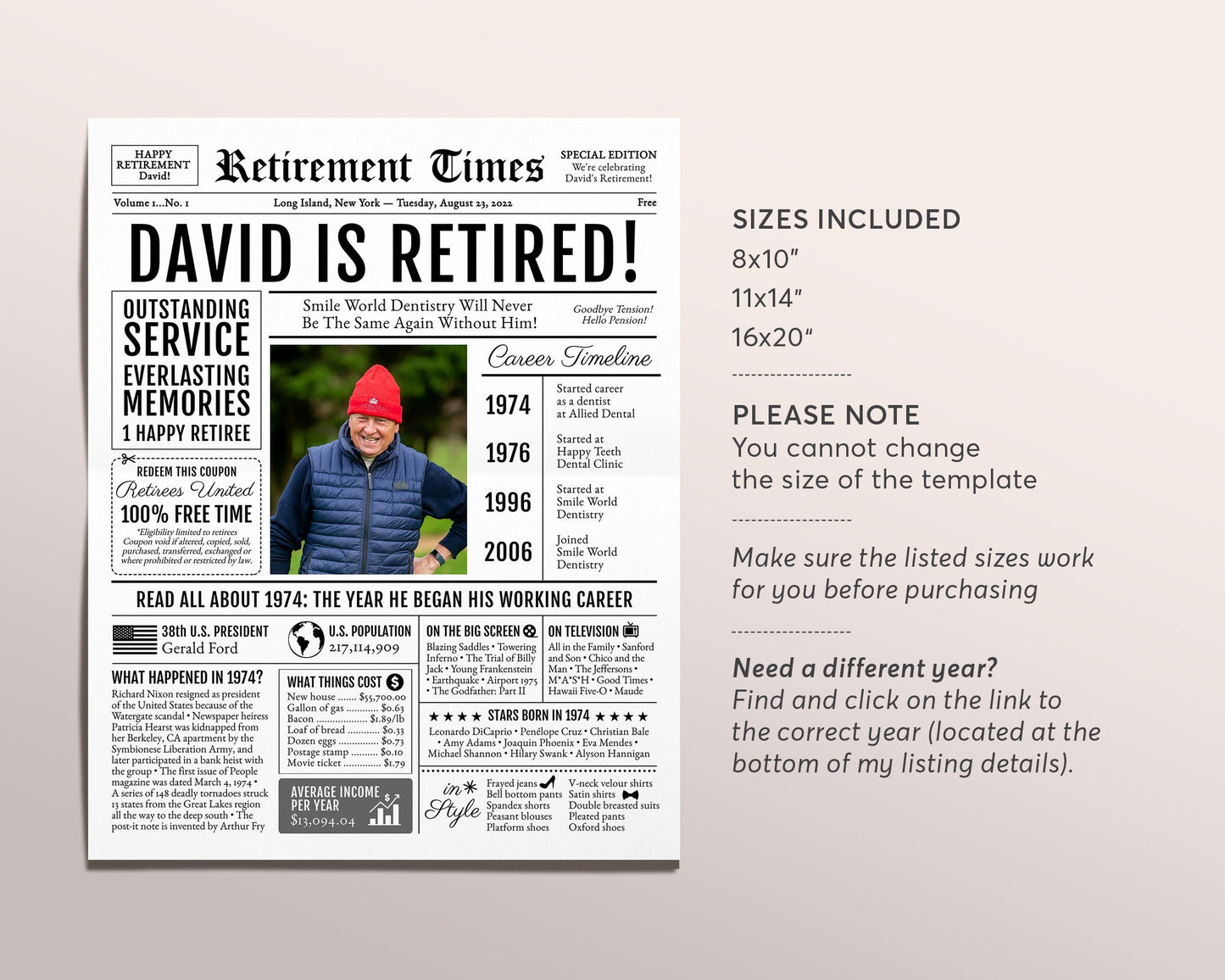 Editable Retirement Gift for Instructor Template, Retirement Gifts For Security Guard, Retirement Sign for Legislator,Newspaper Back in 1974