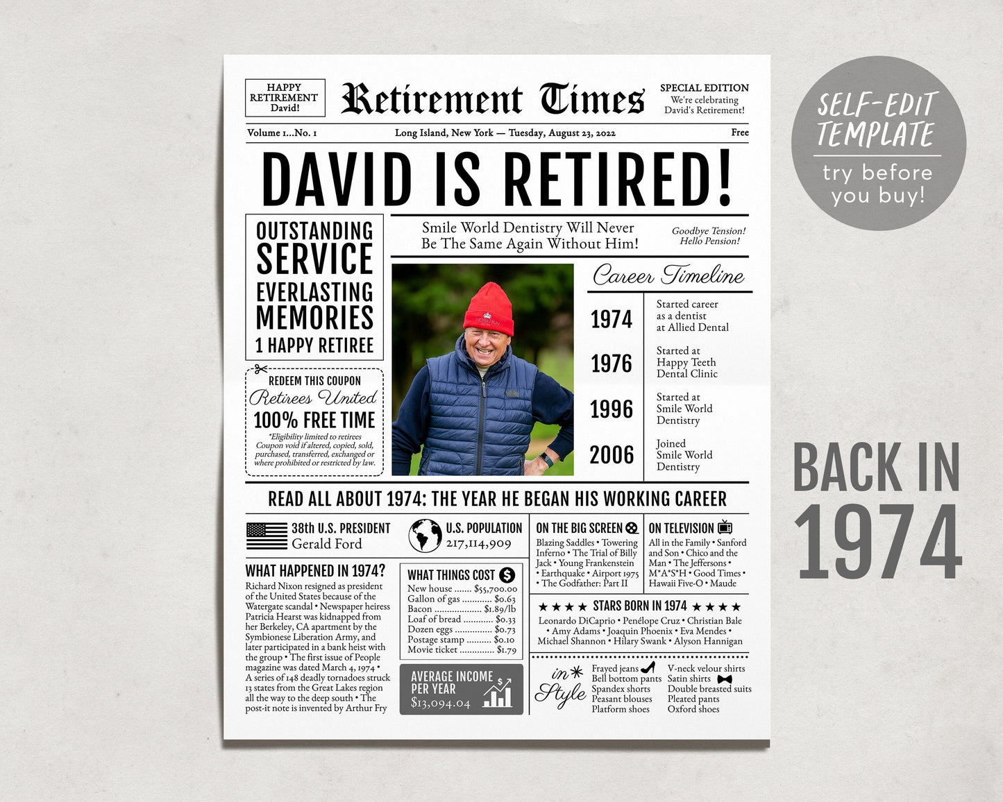 Editable Retirement Gift for Instructor Template, Retirement Gifts For Security Guard, Retirement Sign for Legislator,Newspaper Back in 1974