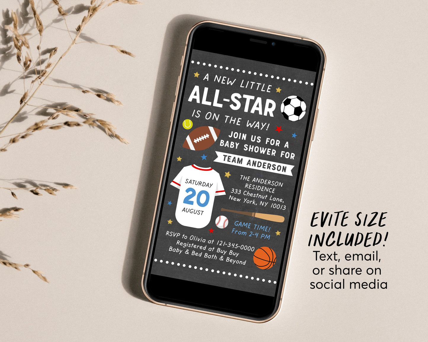 Editable Sports All Star Baby Shower Invitation Template, Baseball Football Soccer Jersey Baby Shower Invitation, Little Slugger On The Way