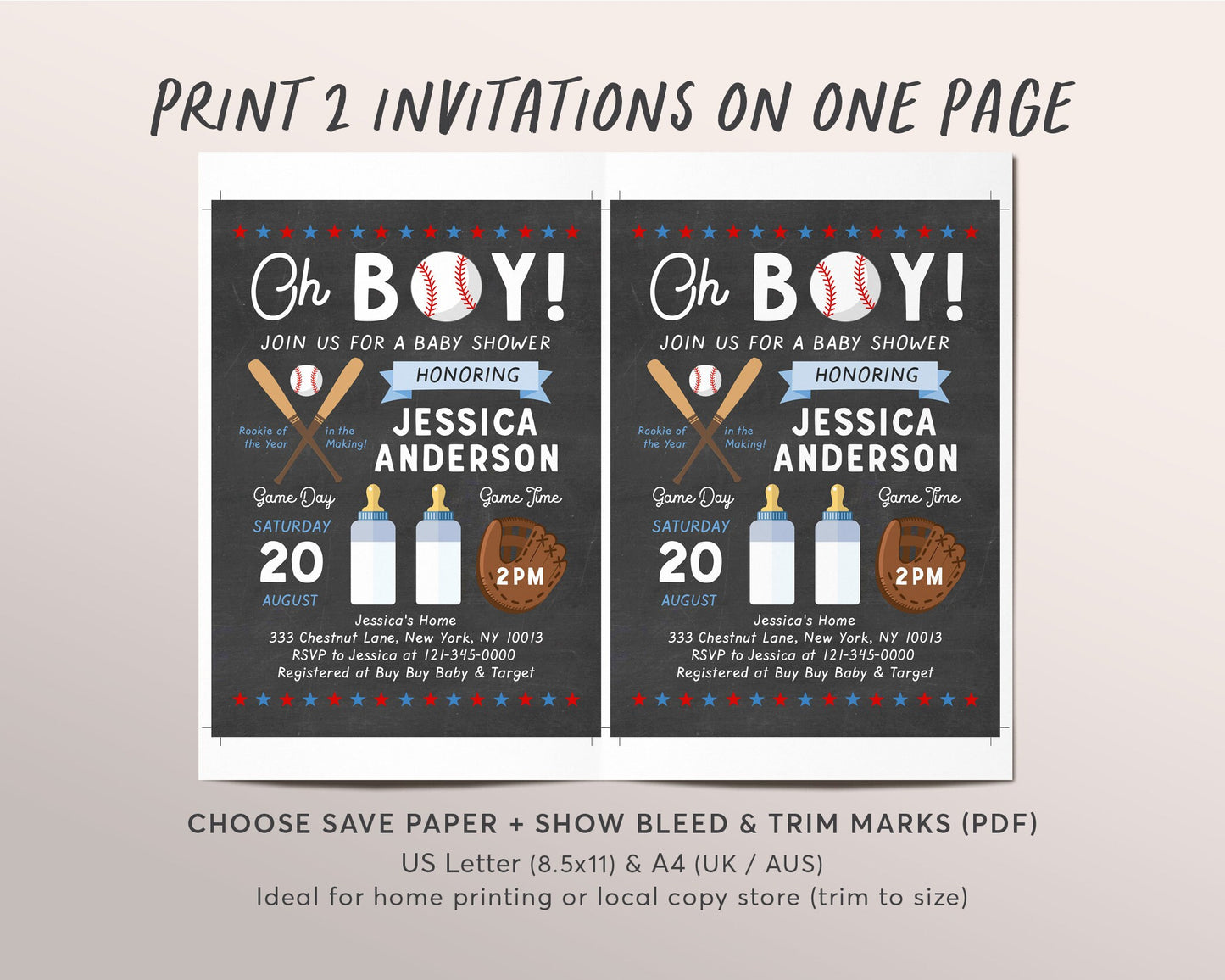 Editable Oh Boy Baby Shower Invitation Template, Sports Baseball Shower Invite, It's a Boy Invitation, Rookie of the Year, Baseball Theme