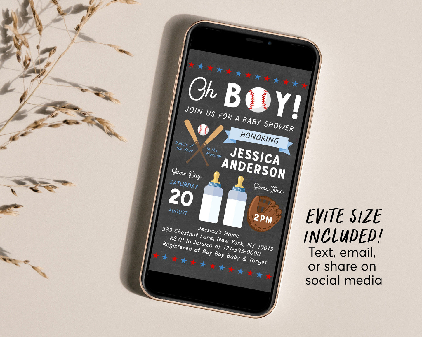 Editable Oh Boy Baby Shower Invitation Template, Sports Baseball Shower Invite, It's a Boy Invitation, Rookie of the Year, Baseball Theme