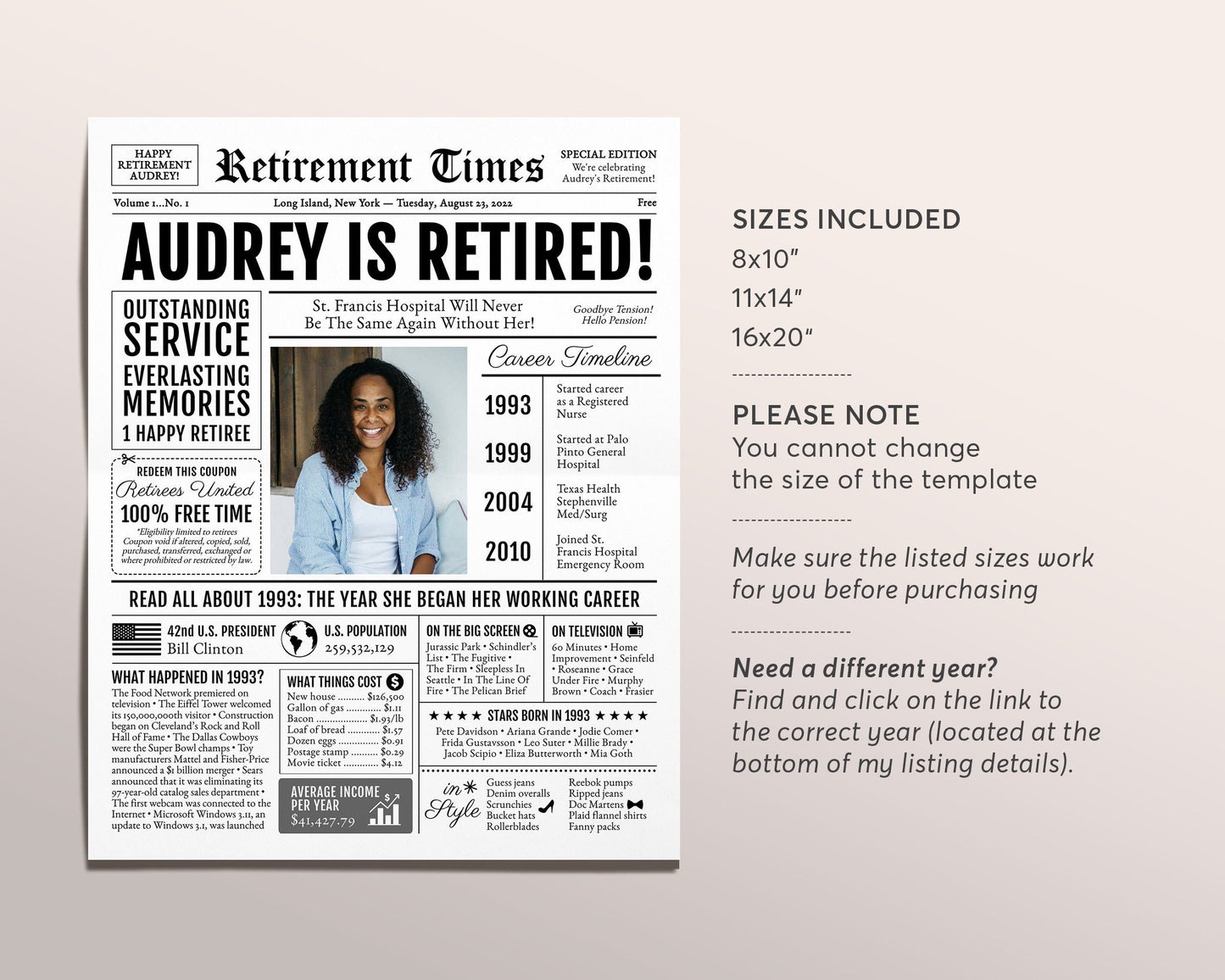 Editable Retirement Celebration Sign, Unique Newspaper Retirement Gifts for Men Women, Vice Assistant Principal Gift, History Back in 1993