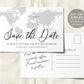 Editable Destination Wedding Save the Date Template, Modern Travel Themed Wedding, World Map Postcard DIY, Travel Passport Save the Date