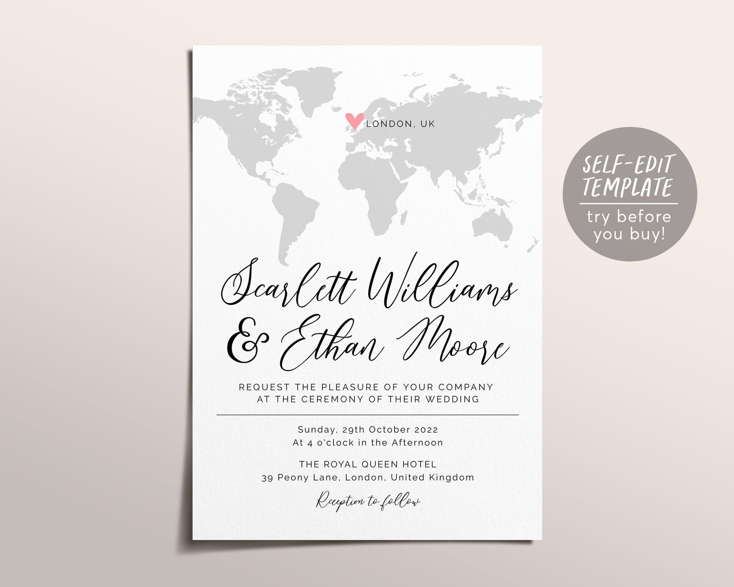 Editable World Map Wedding Invitation Suite Template, Destination Wedding Invitation Set Printable, Travel Theme, RSVP Card, Thank You Note