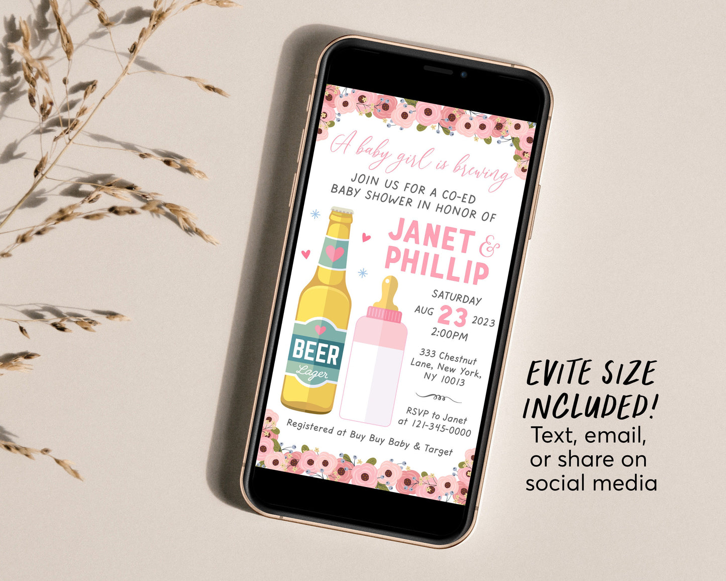 Baby Girl is Brewing Baby Shower Invitation Editable Template, Blush Pink Floral, Coed Baby Shower Invite, Beer Baby Bottle Evite Digital