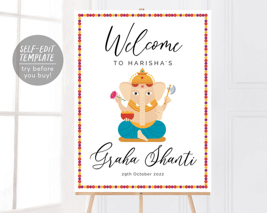 Editable Indian Graha Shanti Ceremony Sign, Indian Welcome Wedding Sign, Ganesh Puja Ganpati Flowers Poster, Indian Wedding Decor