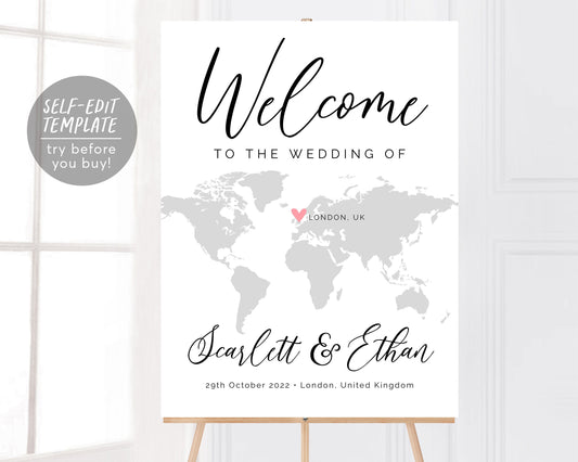 Destination Wedding Welcome Sign Editable Template, World Map Reception Poster, Unique Modern Wedding Ceremony, Travel Theme Wedding