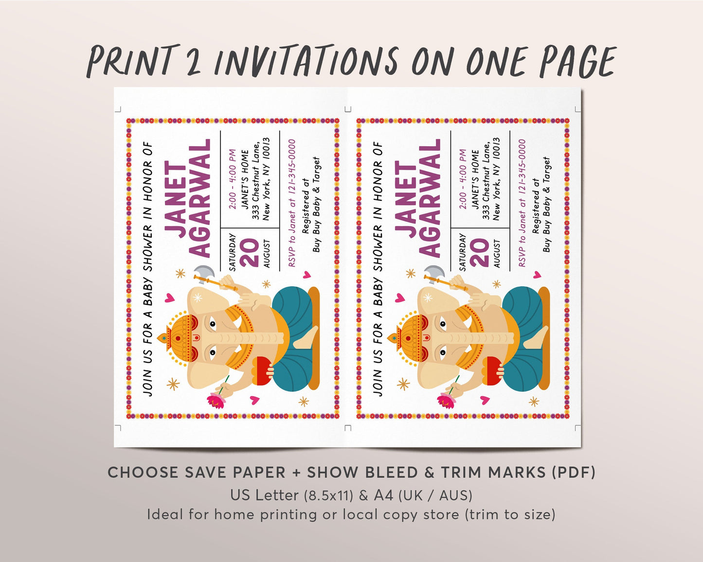 Editable Indian Elephant Baby Shower Invitation Template, Godh Bharai Hindu Shower Invite, Baby Ganesh Ganpati Floral Invite Printable