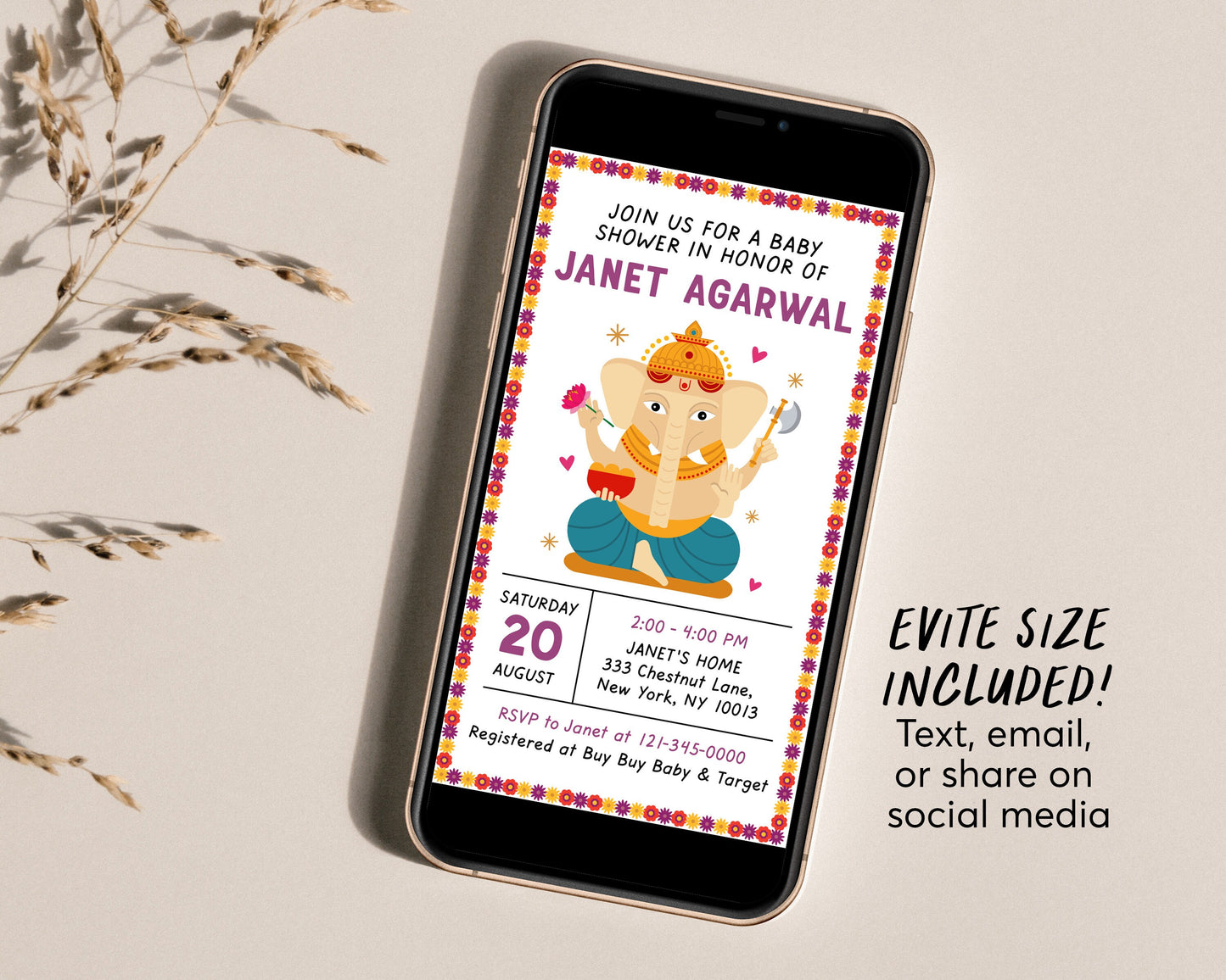 Editable Indian Elephant Baby Shower Invitation Template, Godh Bharai Hindu Shower Invite, Baby Ganesh Ganpati Floral Invite Printable