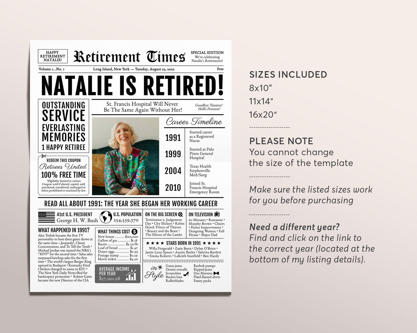 Editable Retirement Celebration Sign, Unique Newspaper Retirement Gifts for Men Women, Vice Assistant Principal Gift, History Back in 1991