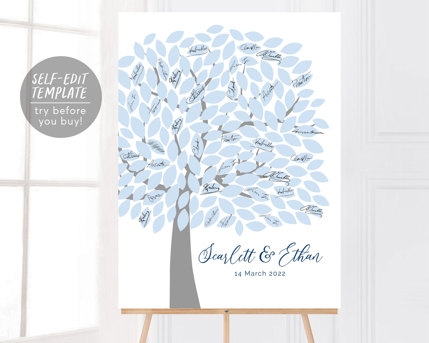 Editable Tree Wedding Guest Book Alternative Template, Kissing Love Birds, Modern Wedding Guestbook Sign, Unique Sign A Leaf Poster
