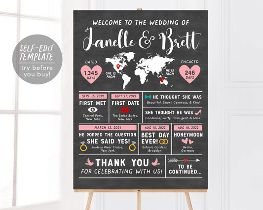 Editable Rustic Wedding Chalkboard Infographic Sign Template, World Map Wedding Welcome Poster, Fun Facts Wedding Timeline, Travel Theme