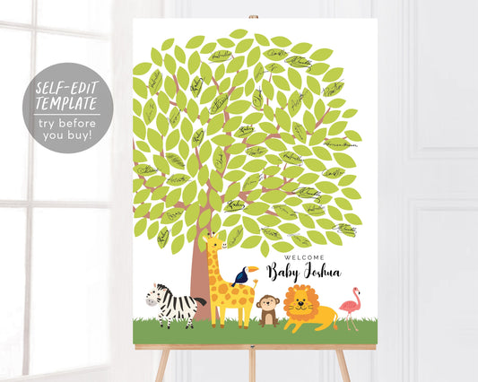 Editable Safari Tree Balloon Baby Shower Guest Book Alternative Template, Jungle Animal Sign a Leaf Guestbook Sign, Unisex Baby Girl Boy