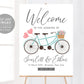 Editable Tandem Bike Wedding Welcome Sign Template, Bicycle Themed Reception Poster, Unique Rustic Wedding Ceremony, Roses Heart Balloons