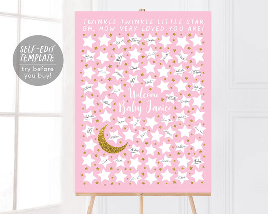 Twinkle Twinkle Little Star Baby Shower Guest Book Alternative Editable Template, Baptism Sign a Star, Moon Stars Blush Baby Girl Guestbook