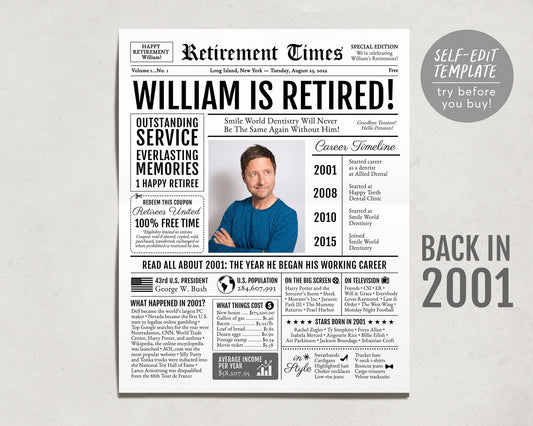 Editable Retirement Celebration Sign, Unique Newspaper Retirement Gifts for Men Women, Math Teacher Nurse Gift, History Back in 2001