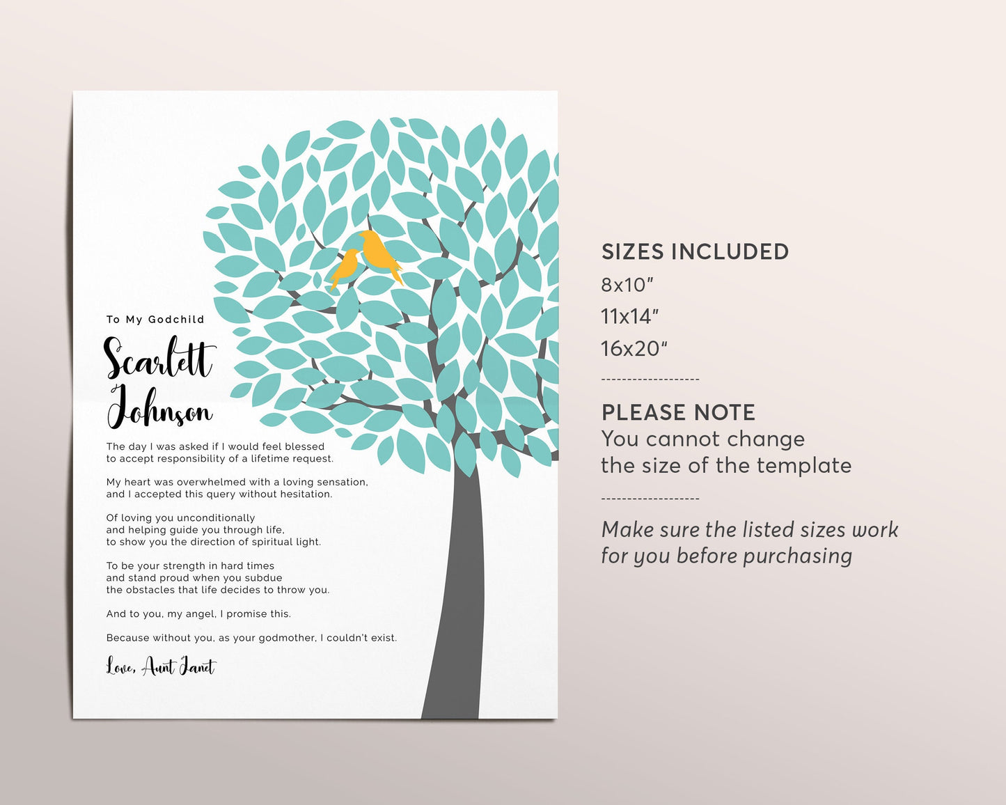 Editable Godchild Gift Printable Template , Baptism Communion Christening Dedication Print For Goddaughter Godson, New Baby Poem Godmother