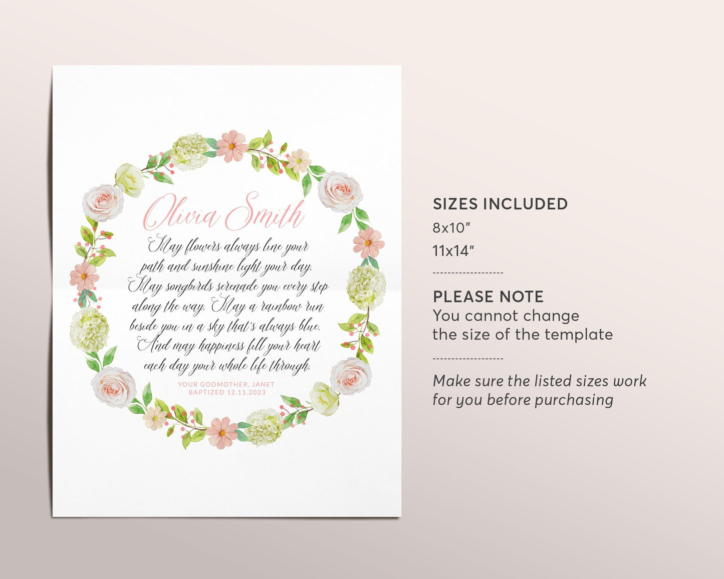 Editable Goddaughter Poem Floral Wreath Template, Godchild Girl Baptism Communion Christening Dedication Gift Gift From Godparents Keepsake