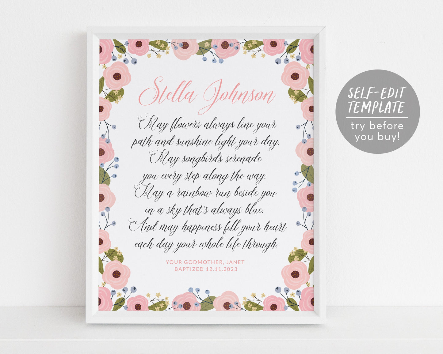 Editable Goddaughter Baptism Poem Floral Template, Christening Print Keepsake, Godchild Girl Communion Dedication Gift From Godparents