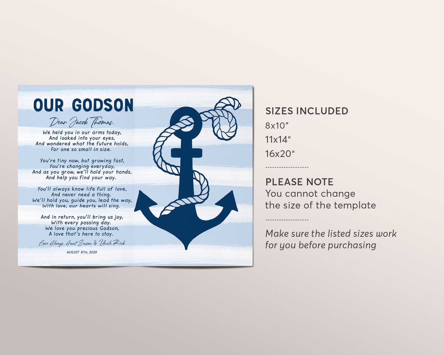 Editable Godson Gift Printable Template, Nautical Baptism Communion Christening Dedication Print From Godmother And Godfather, New Baby Boy