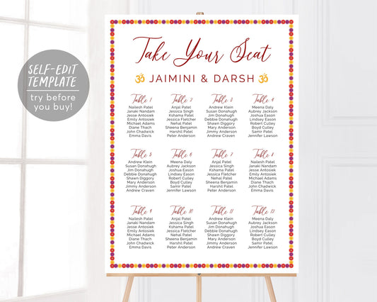 Editable Indian Wedding Seating Chart Template, Hindu DIY Table Seating, Find Your Table Wedding Sign, Custom Seating Plan, Rehearsal Dinner