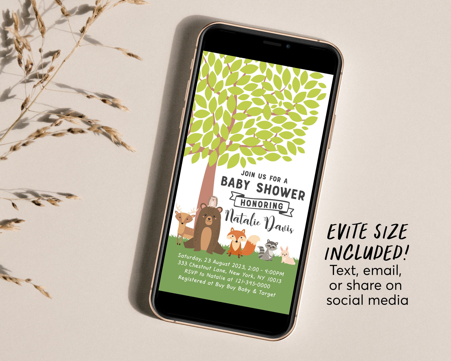 Editable Woodland Creatures Baby Shower Invitation Template, Forest Animals Greenery Theme Printable Evite, Gender Neutral Invite, Deer Fox