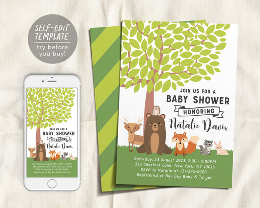 Editable Woodland Creatures Baby Shower Invitation Template, Forest Animals Greenery Theme Printable Evite, Gender Neutral Invite, Deer Fox