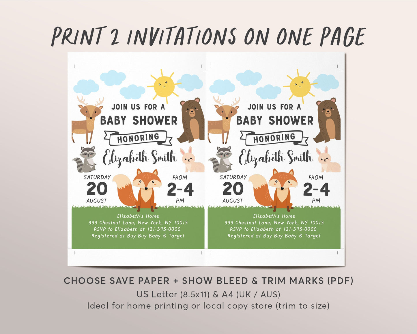 Editable Forest Animals Baby Shower Invitation Template, Gender Neutral Invite Woodland Creatures Greenery Theme Printable Evite, Deer Bear
