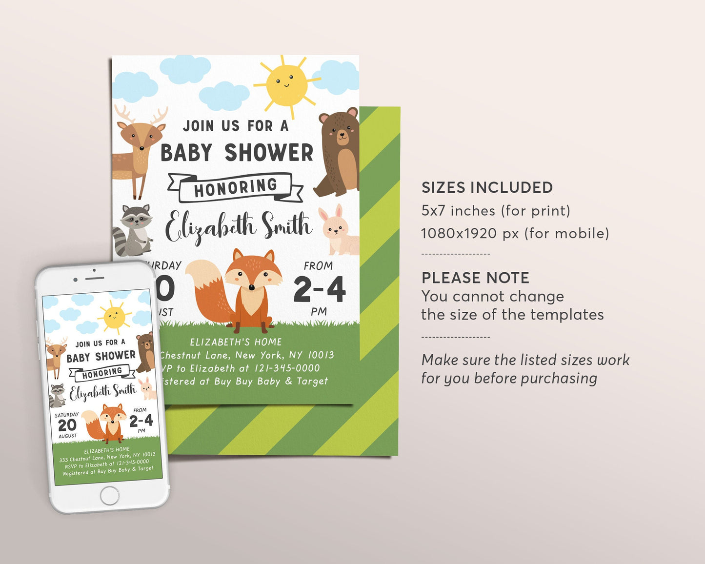 Editable Forest Animals Baby Shower Invitation Template, Gender Neutral Invite Woodland Creatures Greenery Theme Printable Evite, Deer Bear