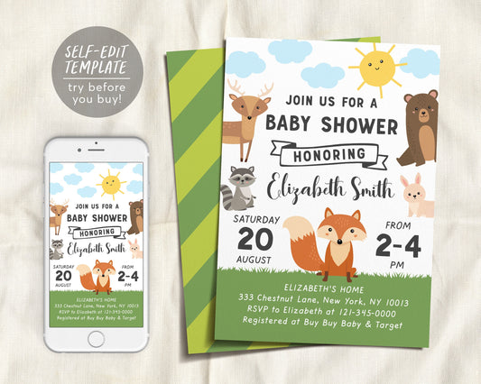Editable Forest Animals Baby Shower Invitation Template, Gender Neutral Invite Woodland Creatures Greenery Theme Printable Evite, Deer Bear