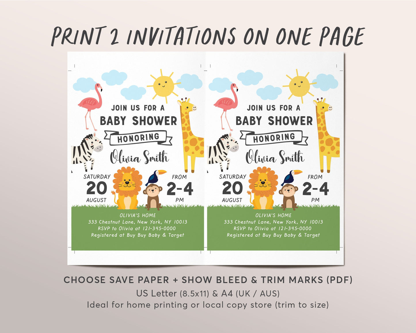 Editable Safari Baby Shower Invitation Template, Gender Neutral Invite Jungle Animal Tropical Theme, Sprinkle Invite, Giraffe Lion Zebra
