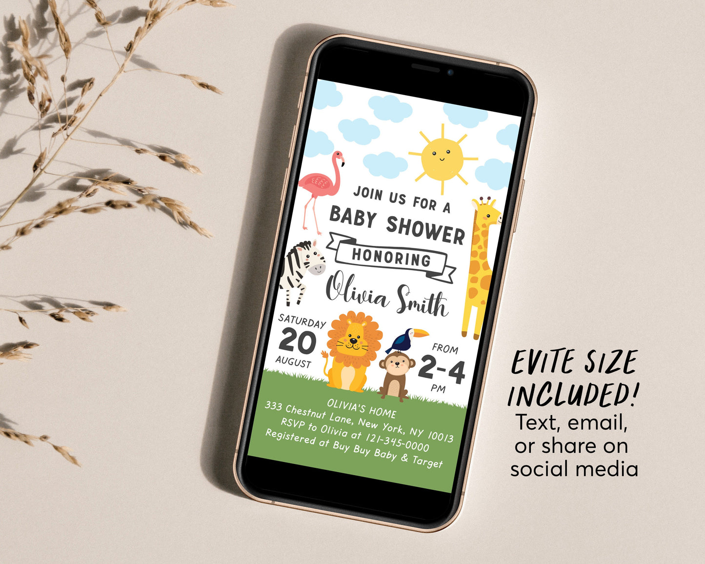 Editable Safari Baby Shower Invitation Template, Gender Neutral Invite Jungle Animal Tropical Theme, Sprinkle Invite, Giraffe Lion Zebra
