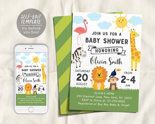 Editable Safari Baby Shower Invitation Template, Gender Neutral Invite Jungle Animal Tropical Theme, Sprinkle Invite, Giraffe Lion Zebra