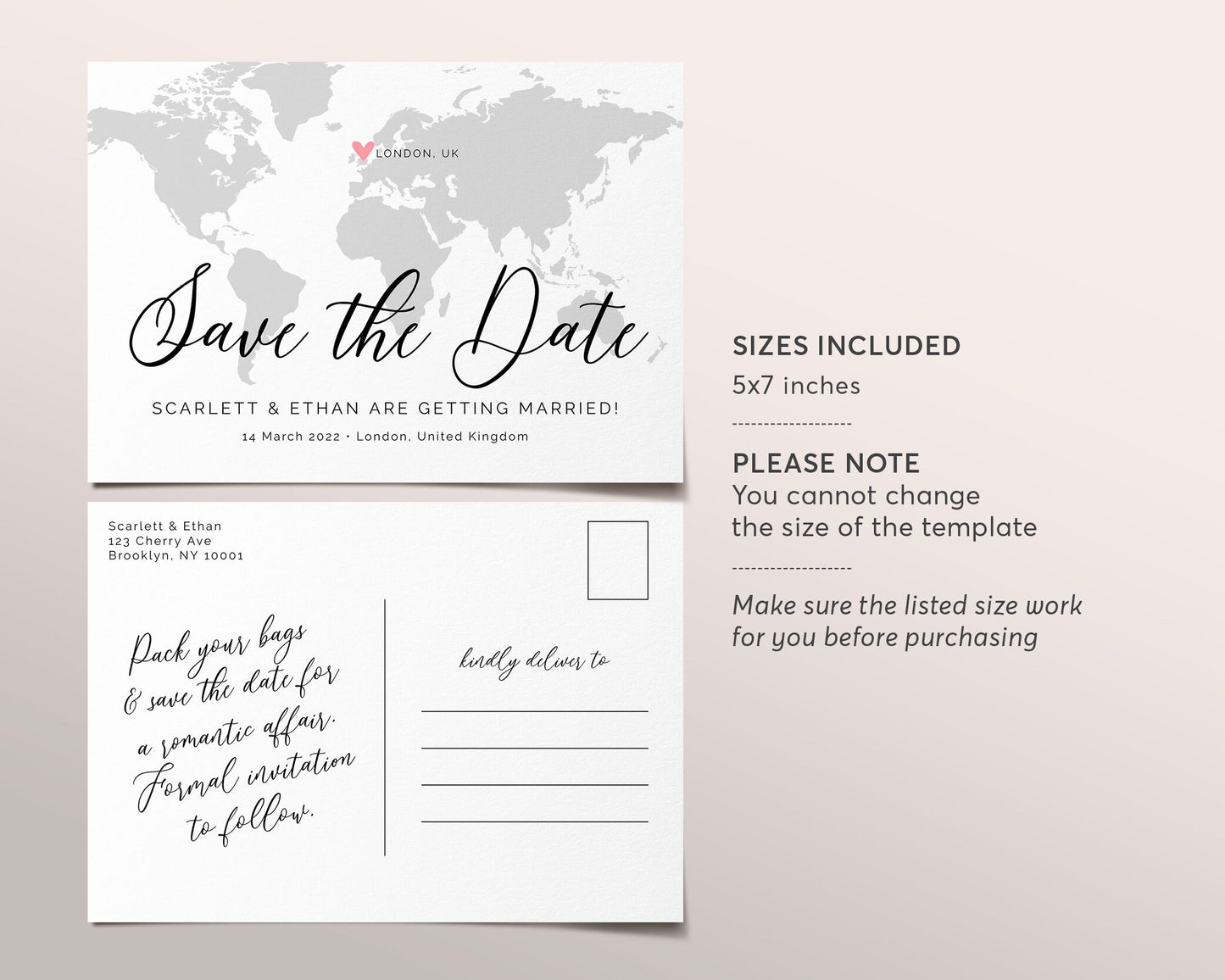 Editable Destination Wedding Save the Date Template, Modern Travel Themed Wedding, World Map Postcard DIY, Travel Passport Save the Date