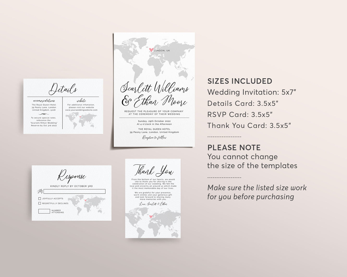Editable World Map Wedding Invitation Suite Template, Destination Wedding Invitation Set Printable, Travel Theme, RSVP Card, Thank You Note