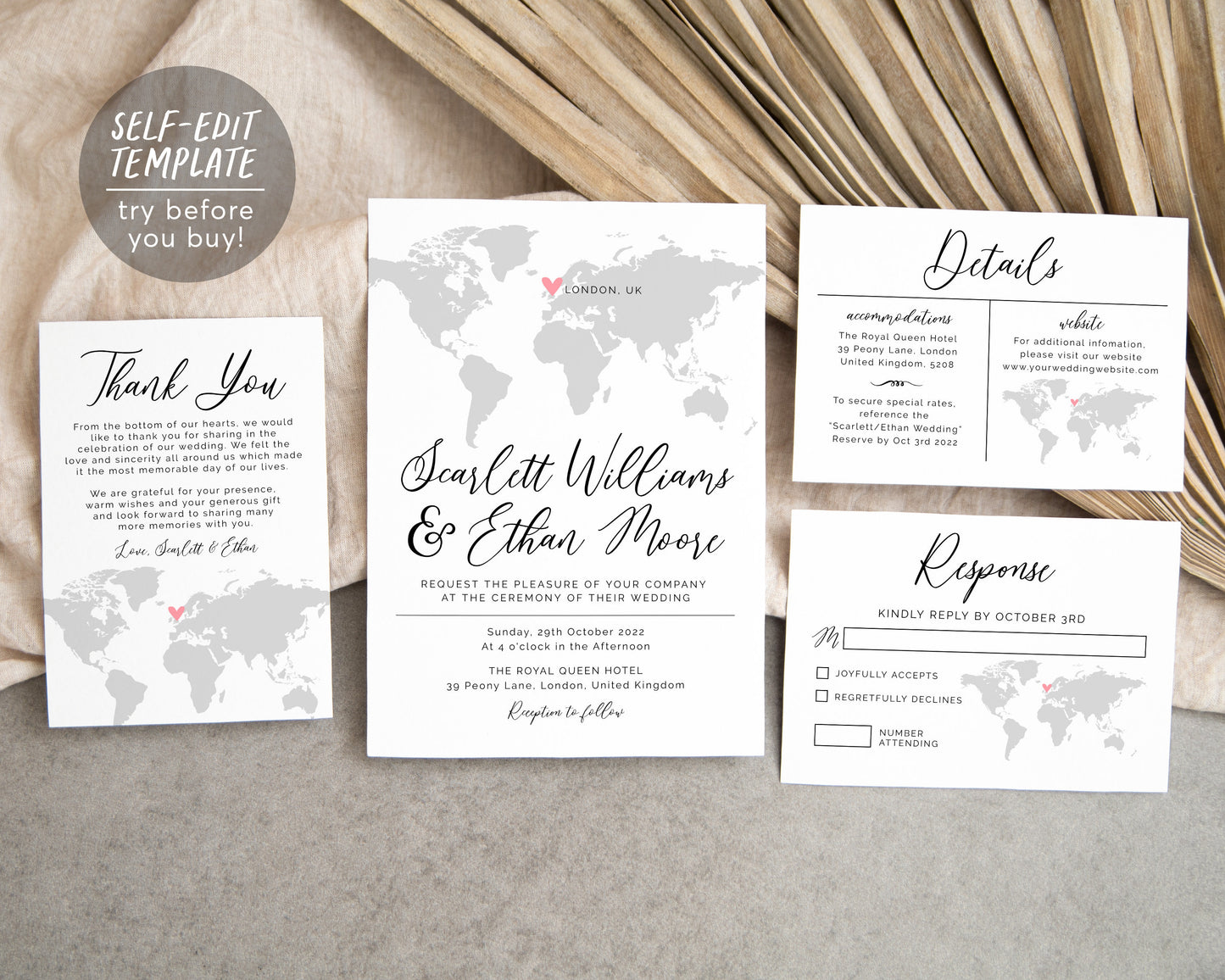 Editable World Map Wedding Invitation Suite Template, Destination Wedding Invitation Set Printable, Travel Theme, RSVP Card, Thank You Note