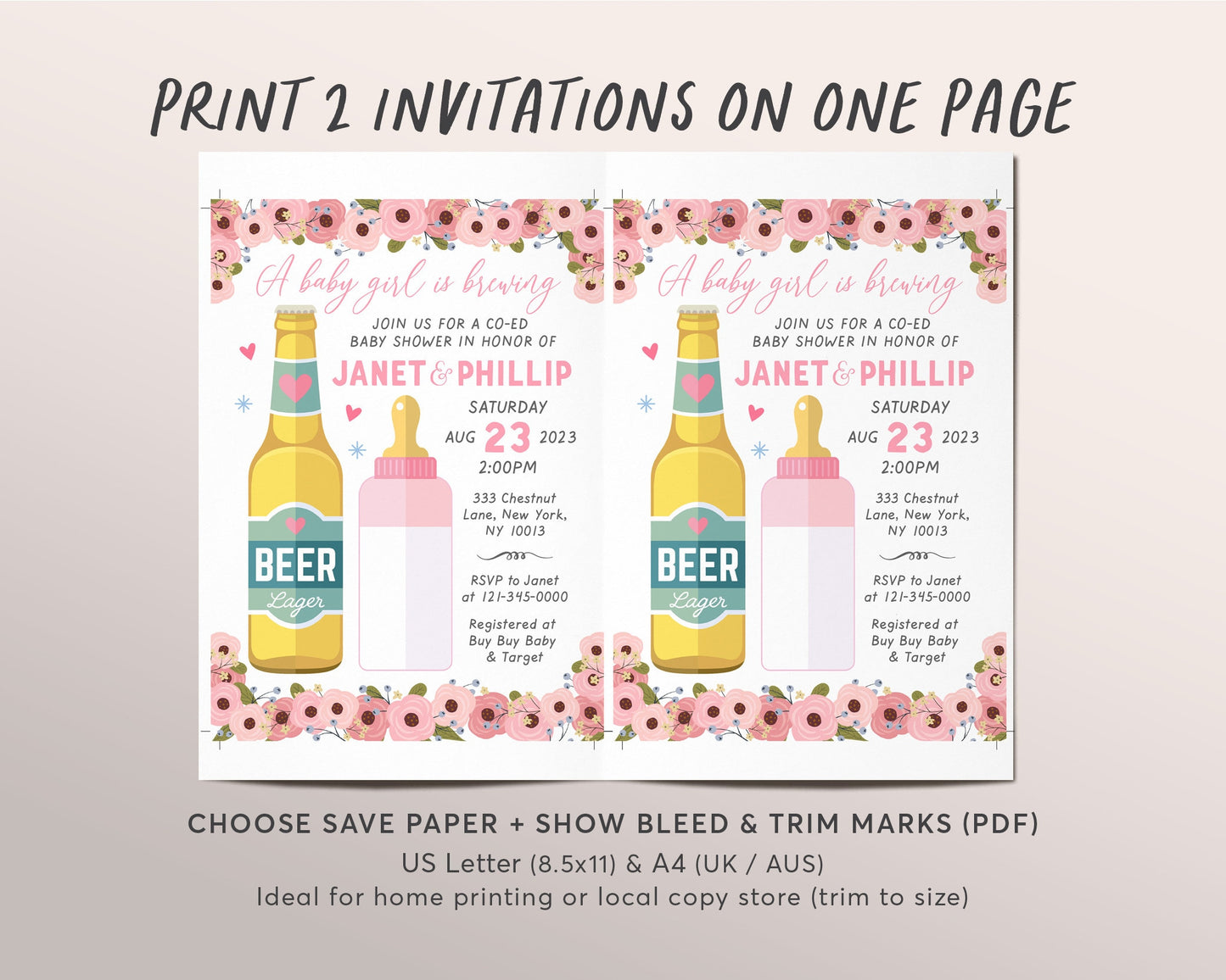 Baby Girl is Brewing Baby Shower Invitation Editable Template, Blush Pink Floral, Coed Baby Shower Invite, Beer Baby Bottle Evite Digital