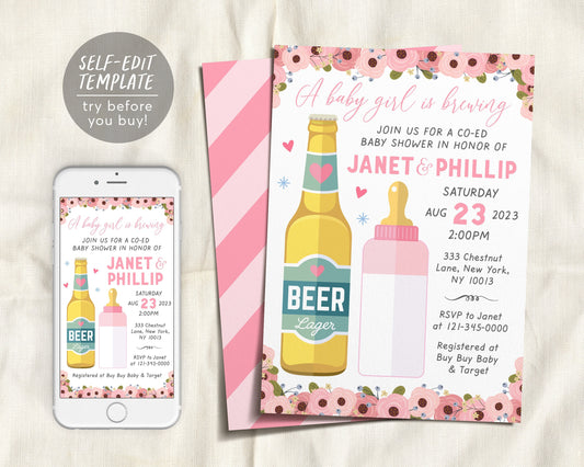 Baby Girl is Brewing Baby Shower Invitation Editable Template, Blush Pink Floral, Coed Baby Shower Invite, Beer Baby Bottle Evite Digital