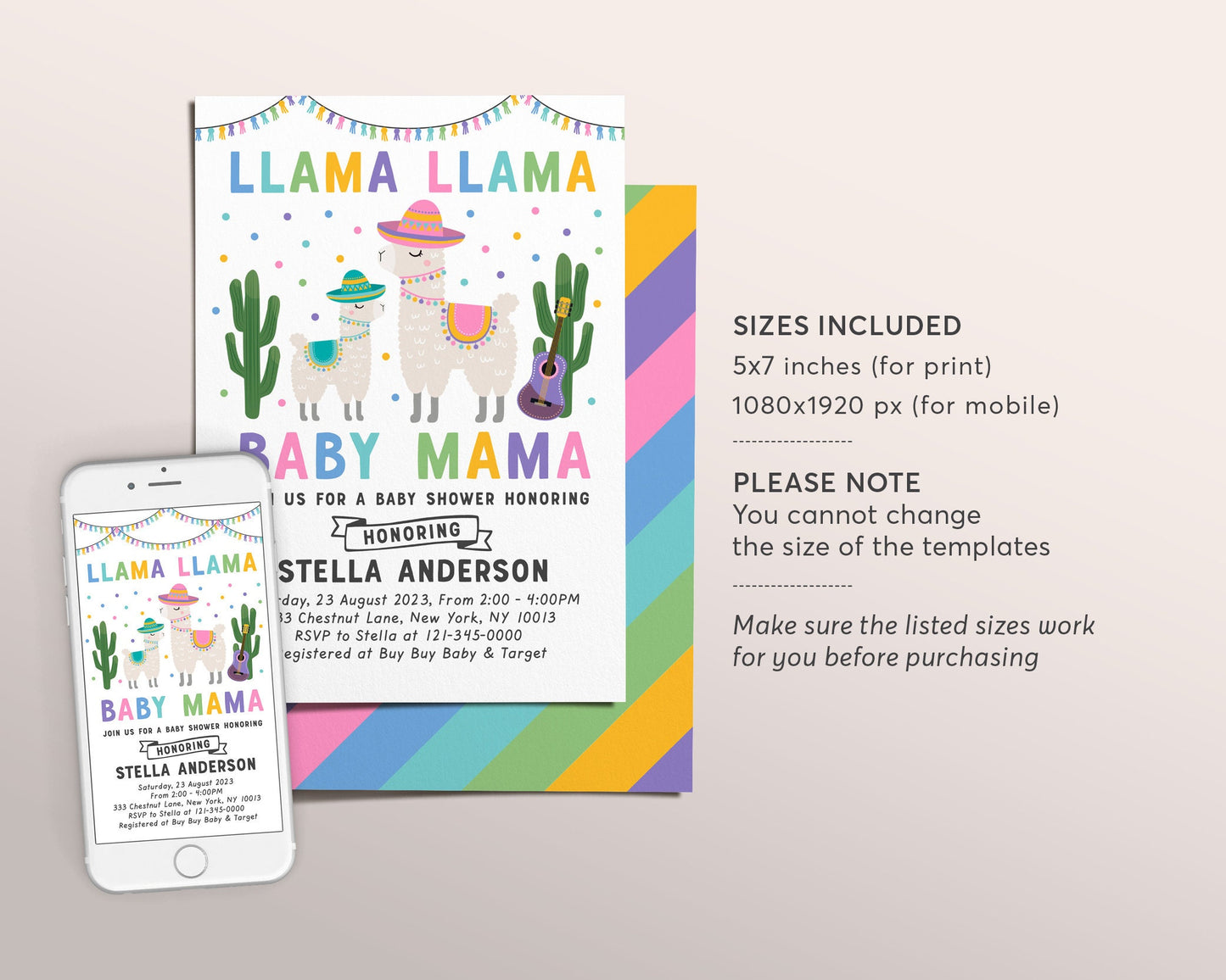 Editable Llama Llama Baby Mama Baby Shower Invitation Template, Fiesta Mexican Cactus Theme, Gender Neutral Sprinkle Party Invite Printable