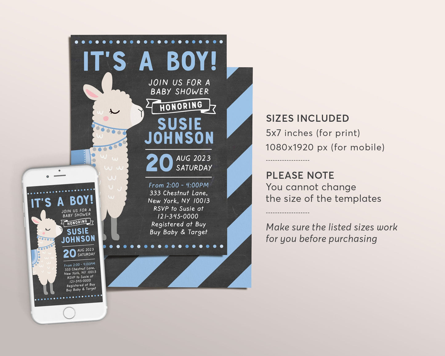 Editable Llama It's A Boy Baby Shower Invitation Template, Chalkboard Alpaca Theme Invite, New Mama Sprinkle Party Invite Printable
