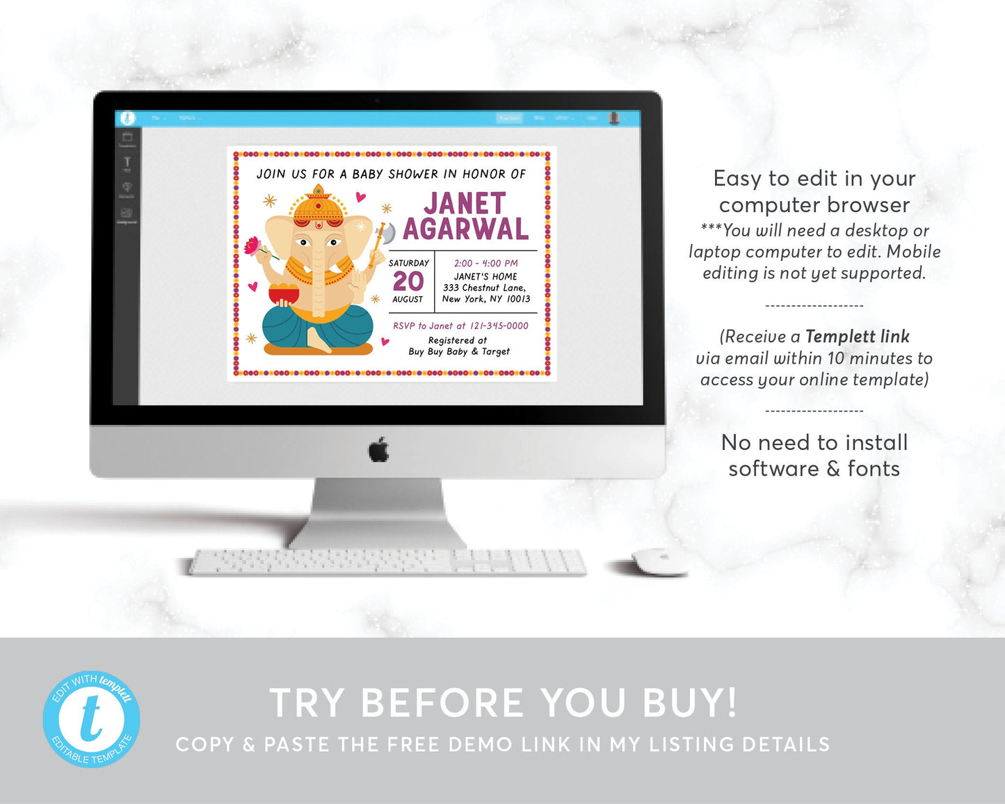 Editable Indian Elephant Baby Shower Invitation Template, Godh Bharai Hindu Shower Invite, Baby Ganesh Ganpati Floral Invite Printable
