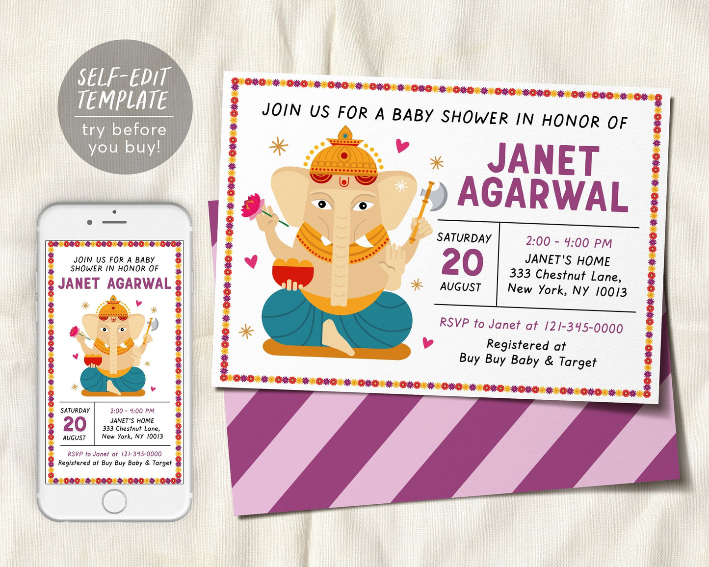 Editable Indian Elephant Baby Shower Invitation Template, Godh Bharai Hindu Shower Invite, Baby Ganesh Ganpati Floral Invite Printable