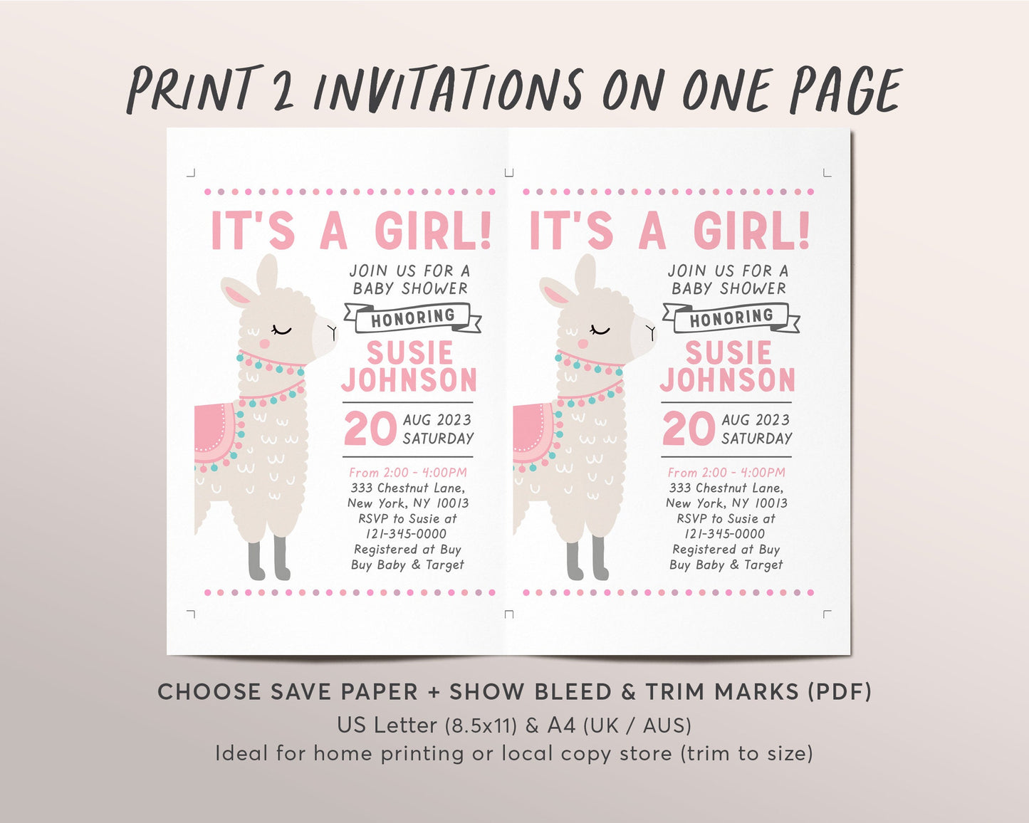 Editable Llama It's A Girl Baby Shower Invitation Template, Blush Pink Alpaca Theme Invite, New Mama Sprinkle Party Invite Printable
