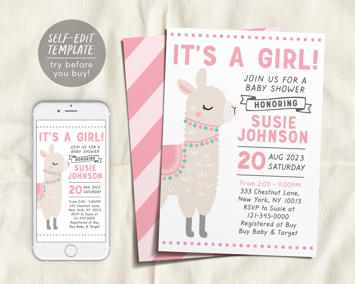 Editable Llama It's A Girl Baby Shower Invitation Template, Blush Pink Alpaca Theme Invite, New Mama Sprinkle Party Invite Printable