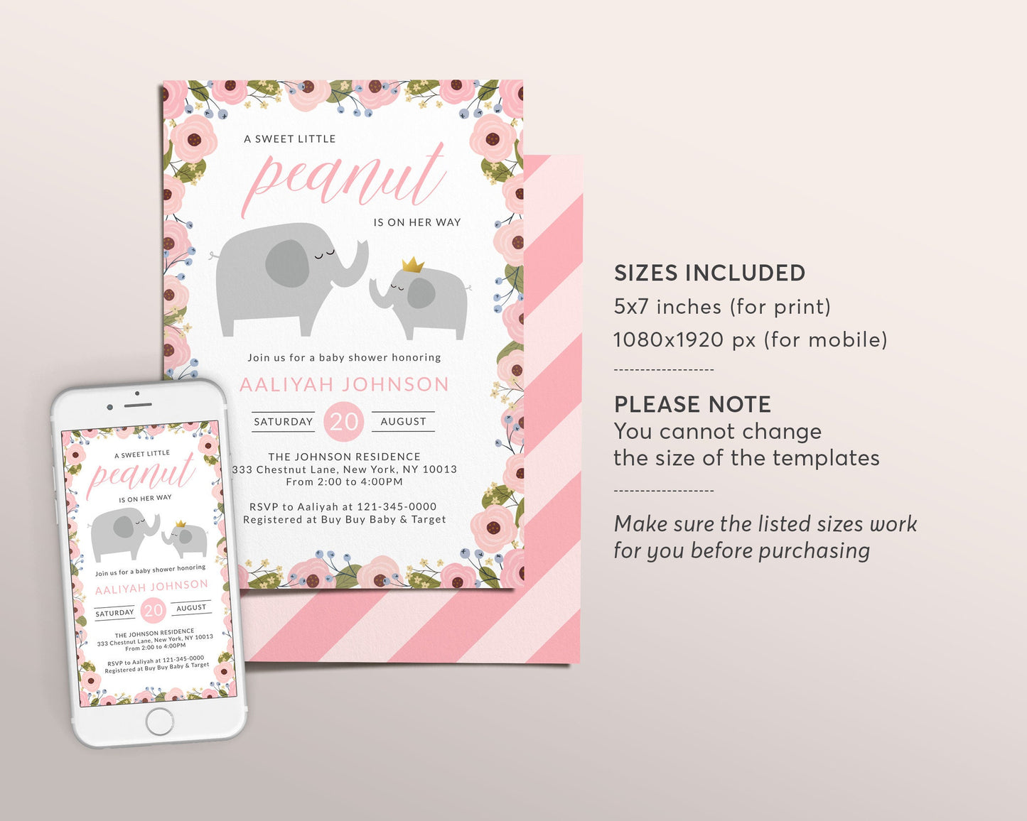 Editable Floral Elephant Baby Shower Invitation Template, Blush Pink Greenery Theme Invite, Sweet Baby Girl, New Mama Sprinkle Party Invite