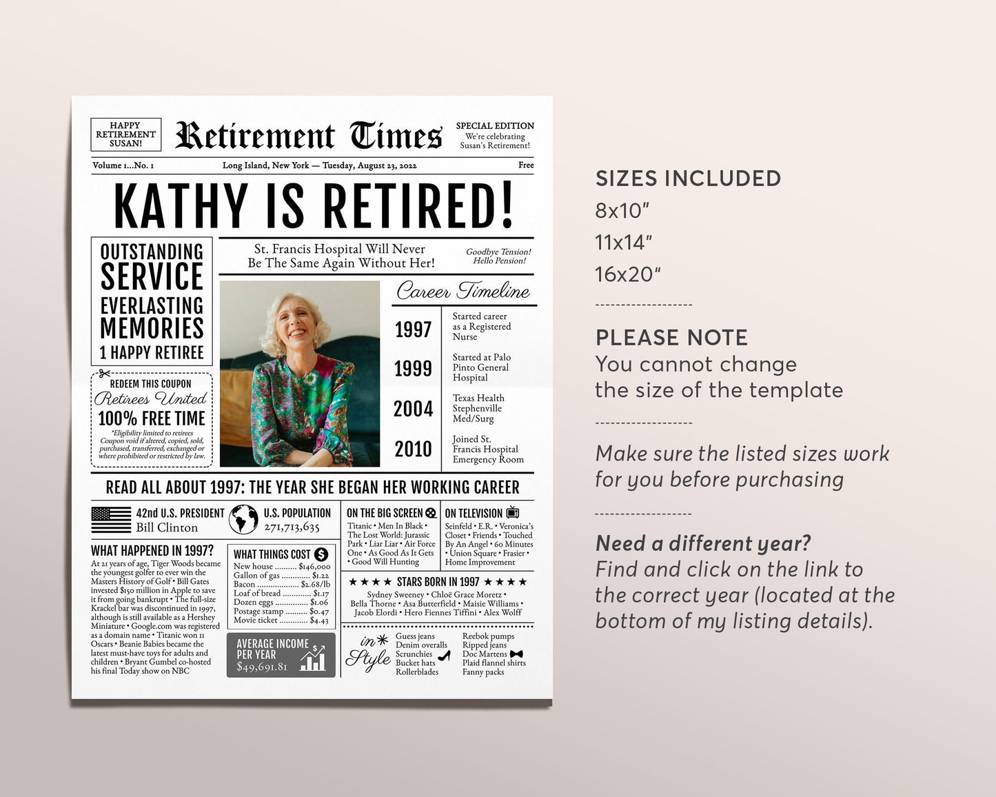 Editable Retirement Celebration Sign, Unique Newspaper Retirement Gifts for Men Women, Vice Assistant Principal Gift, History Back in 1997