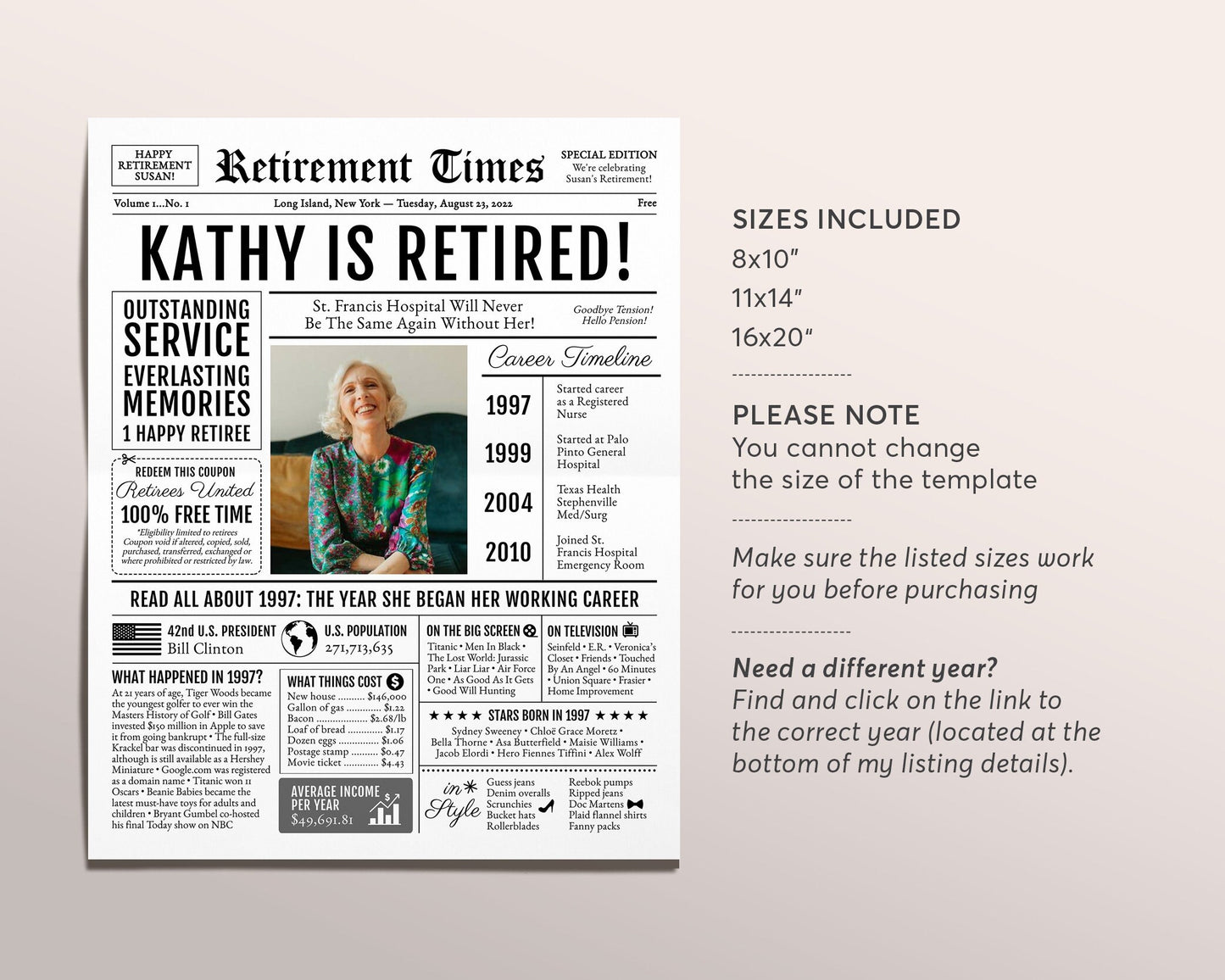 Editable Retirement Celebration Sign, Unique Newspaper Retirement Gifts for Men Women, Vice Assistant Principal Gift, History Back in 1997