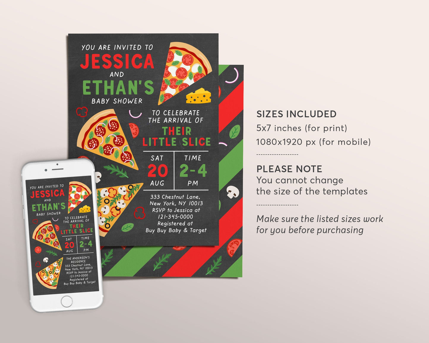 Editable Pizza Baby Shower Invitation Template, Chalkboard Italian Theme Couples Coed Shower Sprinkle Party, Neutral Girl Boy Invite