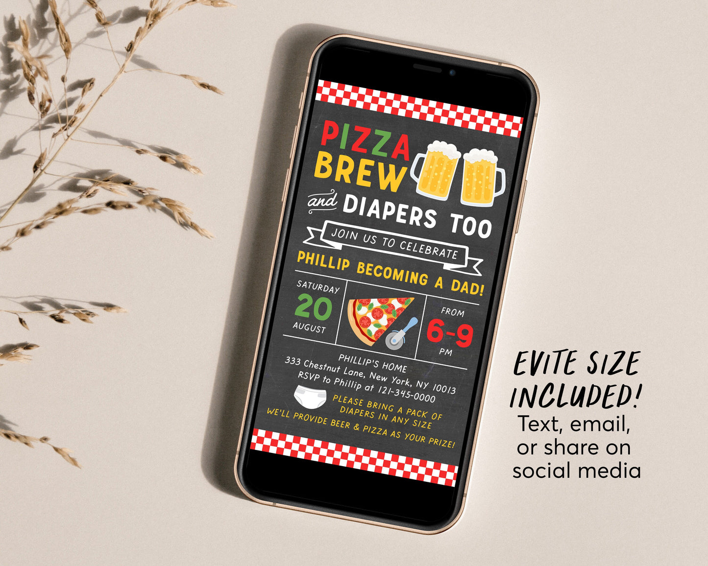 Editable Pizza And Beer Baby Shower Invitation Template, Italian Theme Couples Coed Man Diaper Party, Chalkboard Neutral Girl Boy Invite